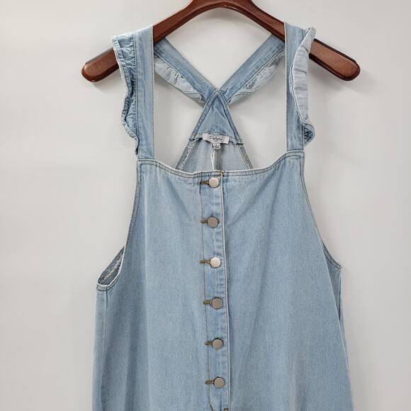 Polagram Overall Button Up Denim Jumpsuit Womens L Blue Light Wash Ruffle Straps - Picture 9 of 16
